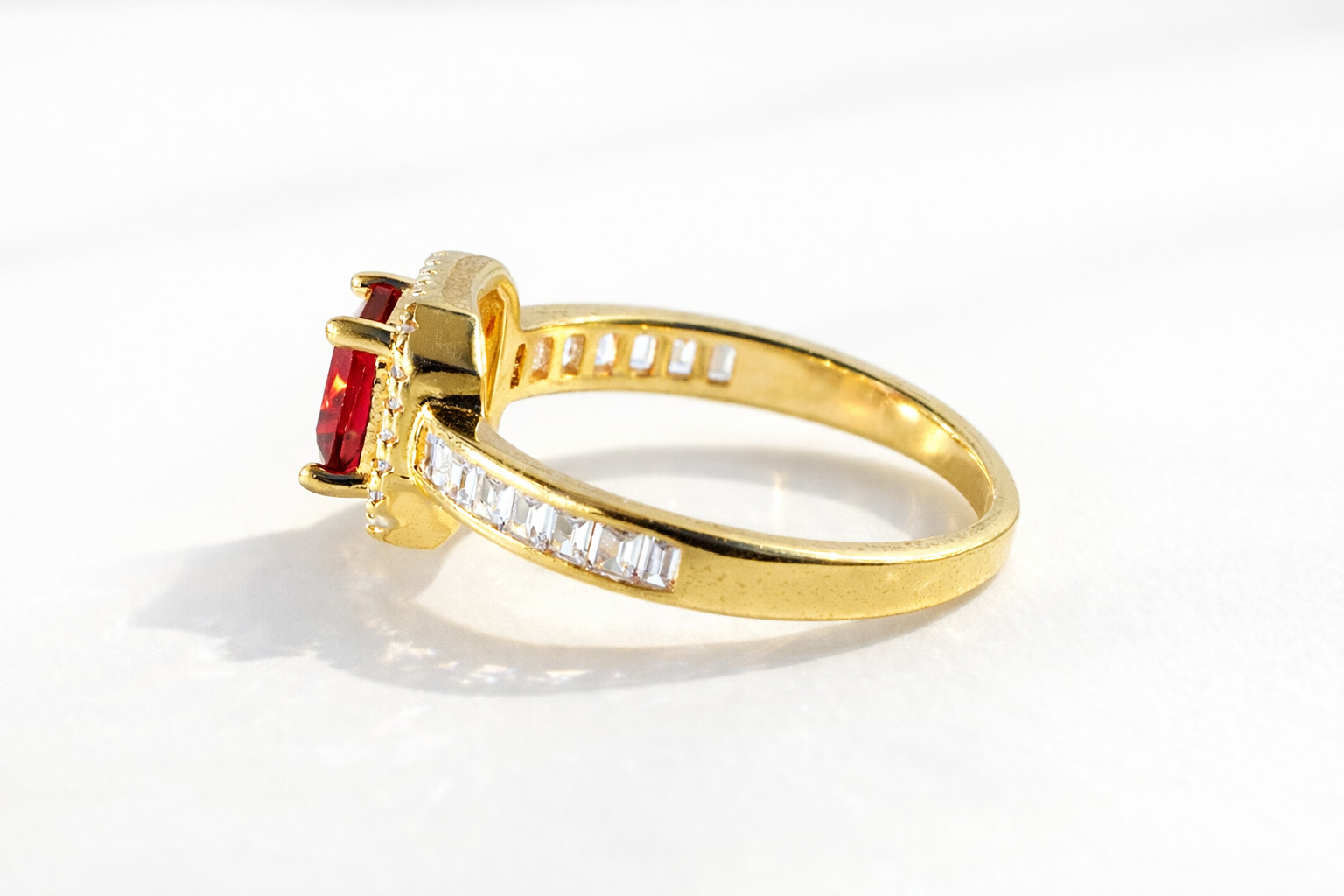 Cushion Cut Ring Emerald Cut Side Stone Yellow Gold Engagement Ring.
