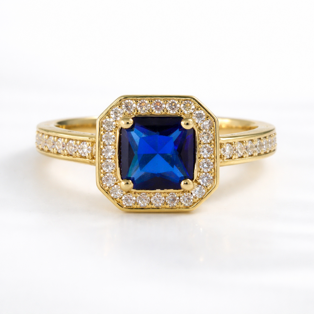 Cushion Cut Sapphire Ring Round Cut Halo Yellow Gold Engagement Ring.
