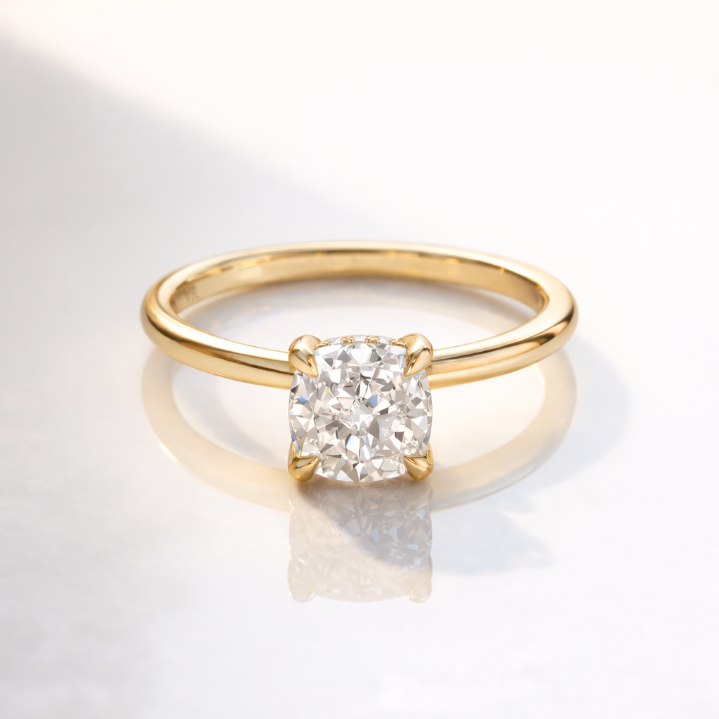 Best Cushion Cut Gold Engagement Ring Featuring Hidden Halo Design

