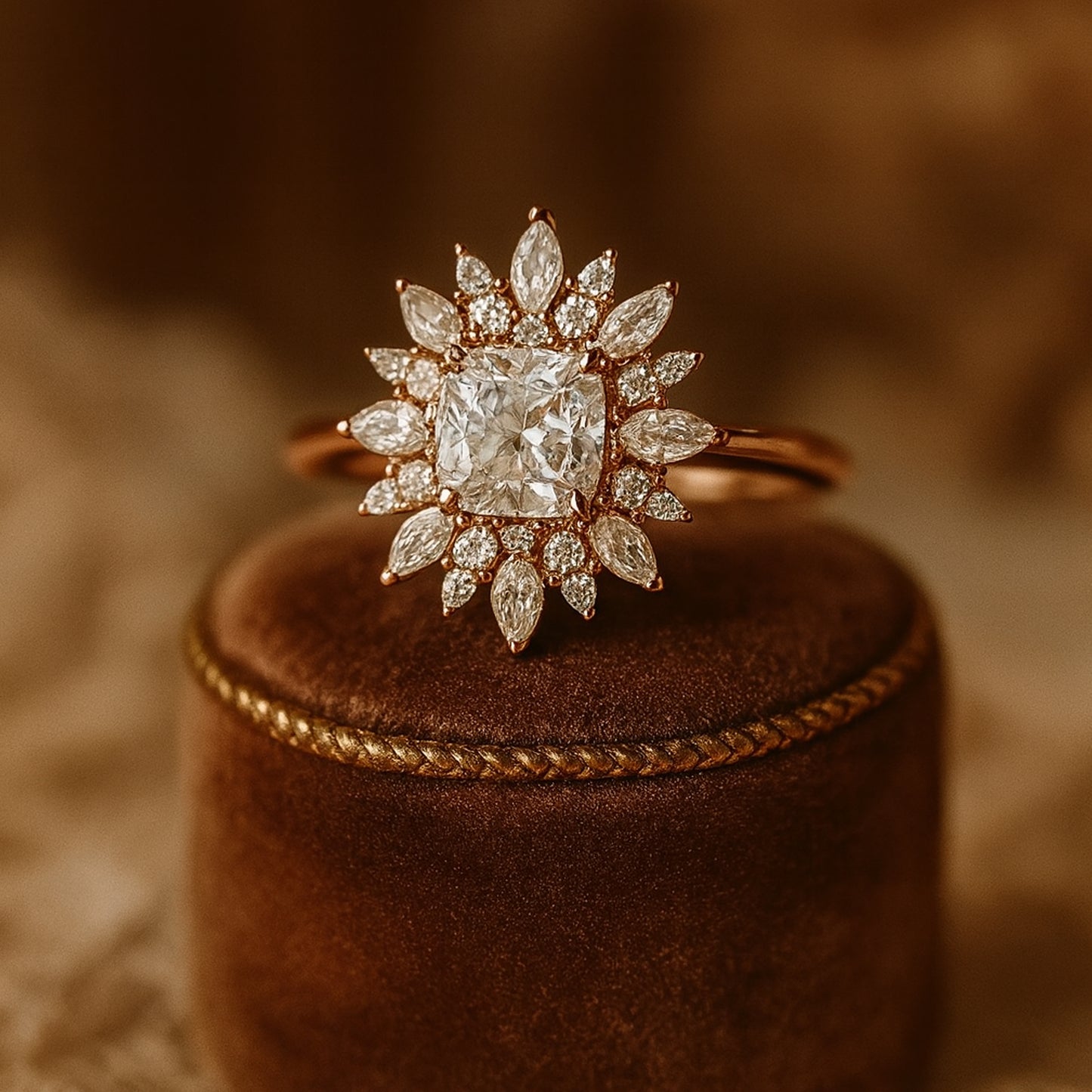 2.50ct Cushion Cut Moissanite Engagement Ring With Floral Halo Marquise Diamond Accents In Gold VVS1
