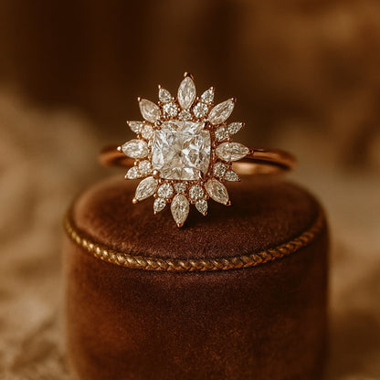 2.50ct Cushion Cut Moissanite Engagement Ring With Floral Halo Marquise Diamond Accents In Gold VVS1
