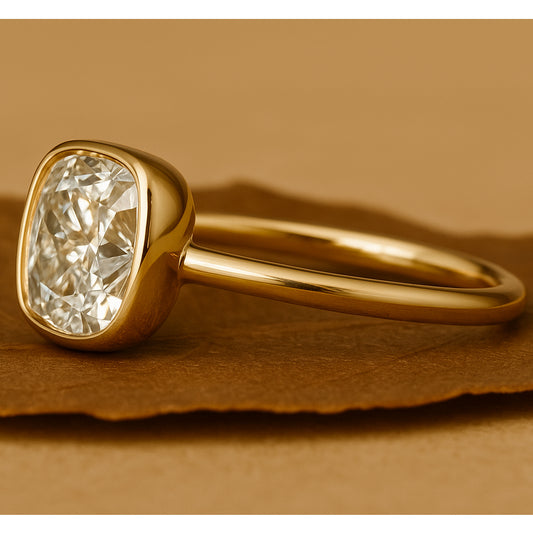 Cushion Cut VVS1 Moissanite Ring In Bezel Setting, 10K Rose Gold Engagement Ring With Timeless Glow