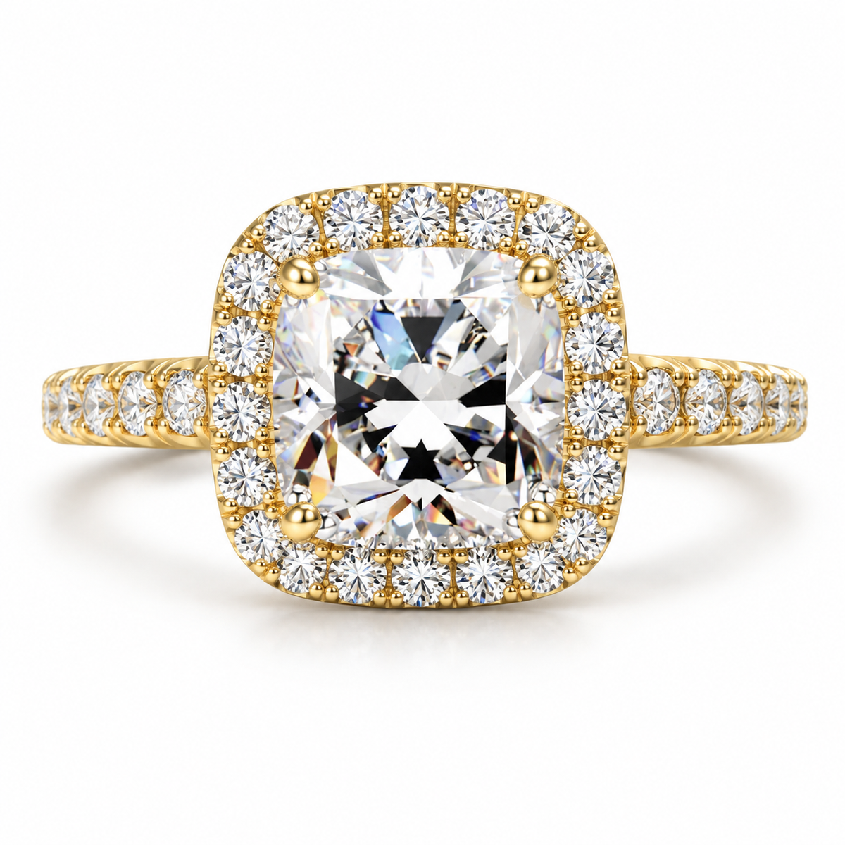 Polished silver cushion cut halo engagement ring featuring a brilliant center stone, surrounding diamond halo, pavé diamond band, and elegant luxury jewelry design.