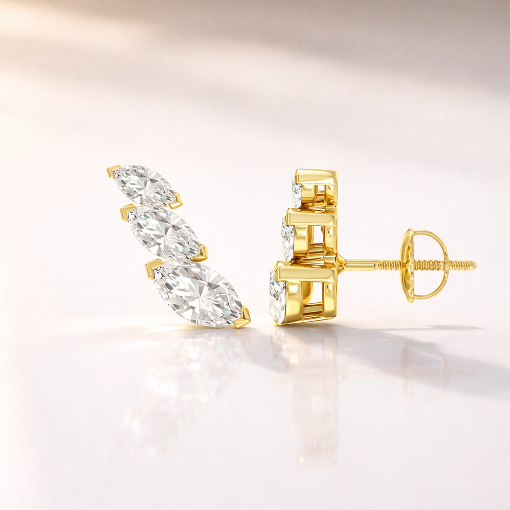 Modern Marquise Stud Earrings With Diamonds Or Moissanite In V-Prong Setting.
