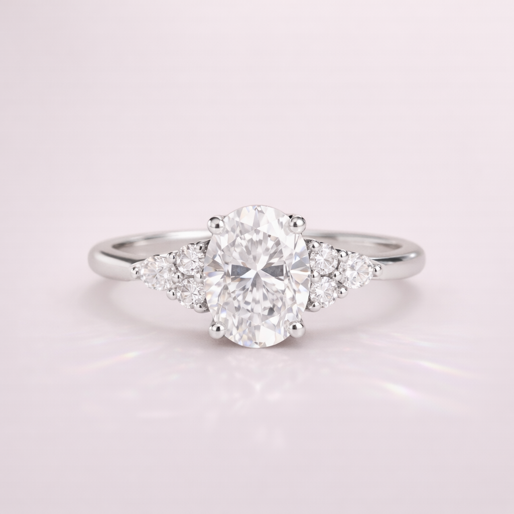 Oval Cut Moissanite Ring With Round And Marquise Side Stones
