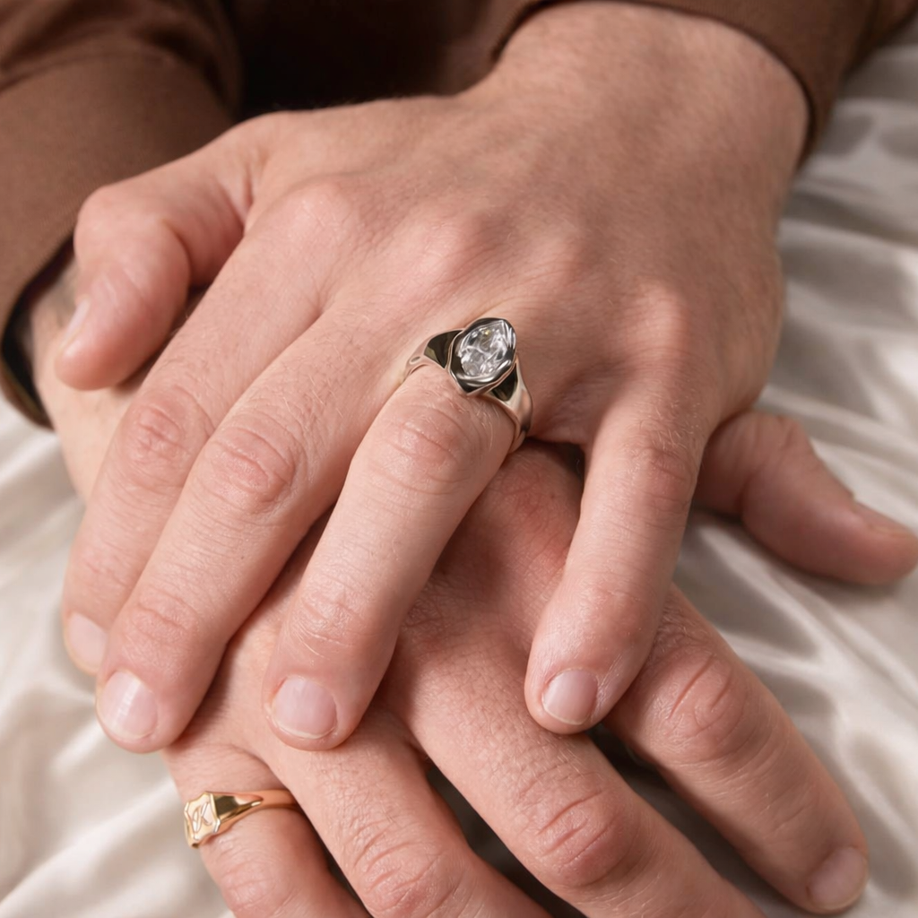 Moissanite Signet Ring Round Cut Diamond Mens Wedding Band Gold Signet Ring.
