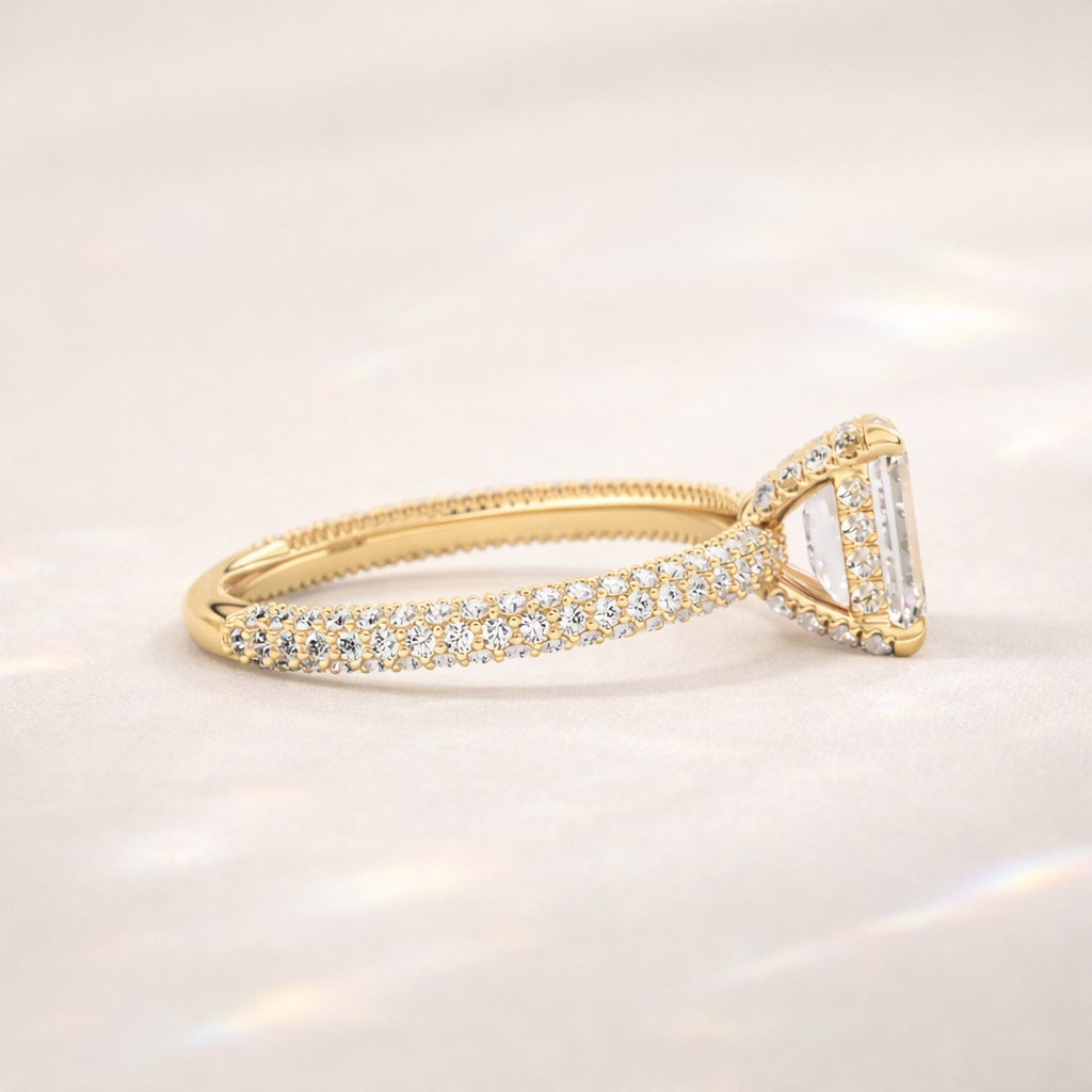 Yellow Gold Engagement Ring With Emerald Cut Hidden Halo
