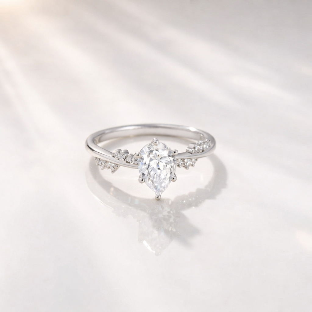 Nature Inspired Ring Pear Cut Moissanite Round Cut Diamond Side Stone Gold.
