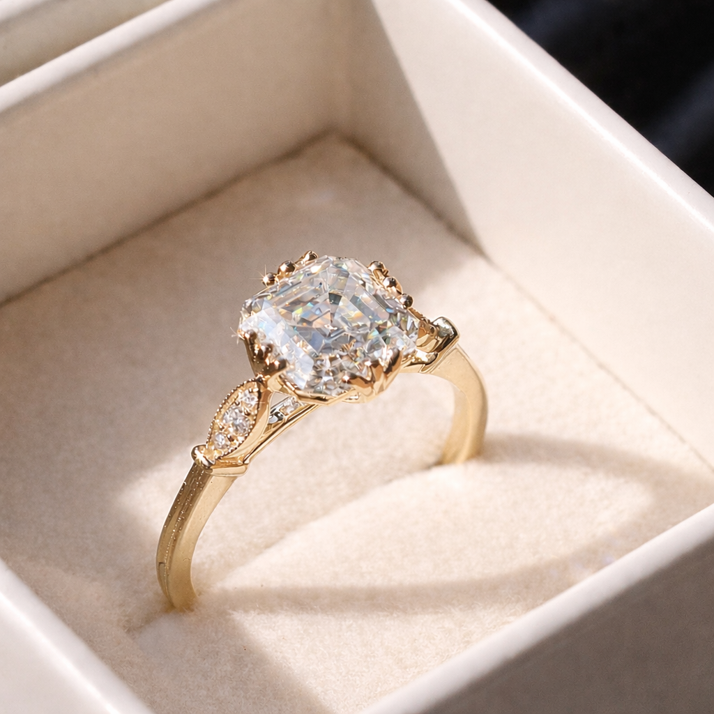 Yellow Gold Engagement Ring Asscher Cut Diamond Vintage Looking Fishtail Prong Style.
