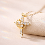 Gold Diamond Pendant Featuring Cross And Crown Pendant With Round Prong Setting

