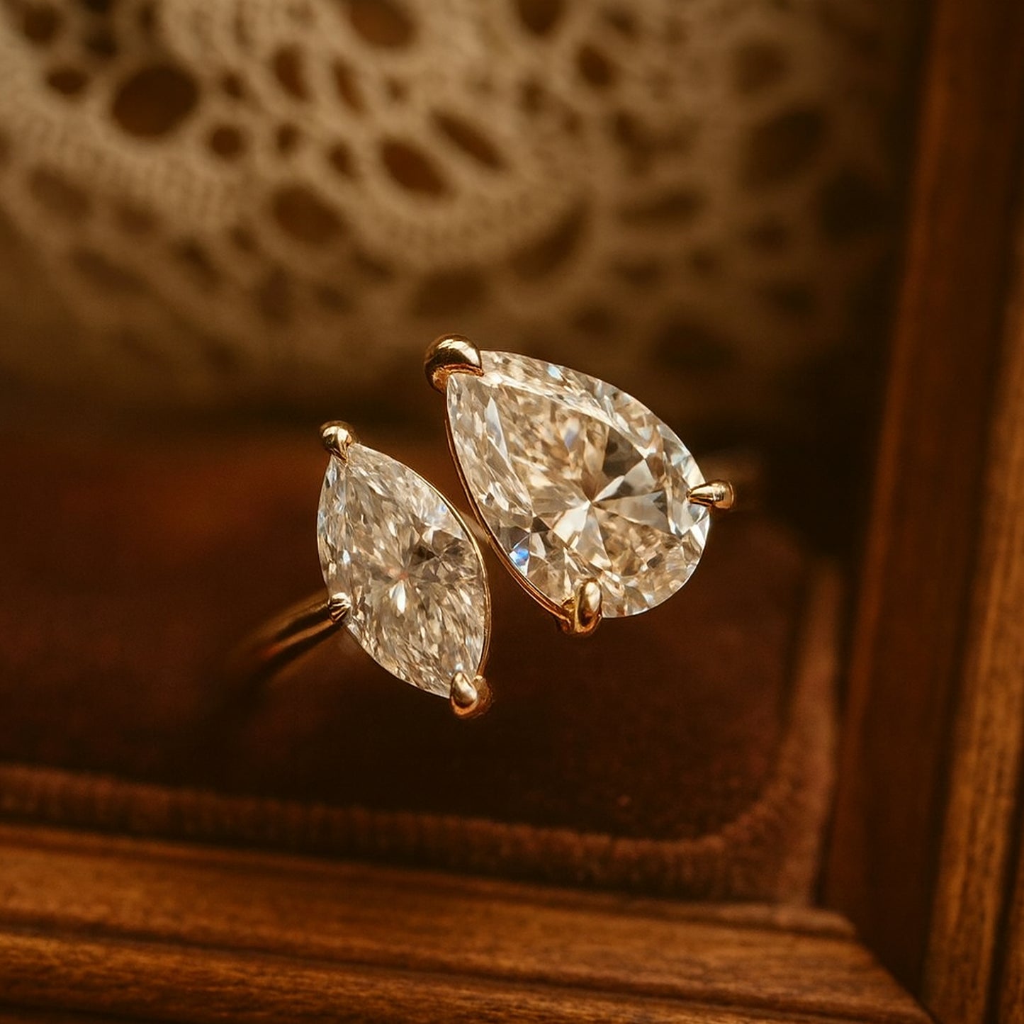 Toi Et Moi Moissanite Ring Featuring Pear And Marquise Cut Stones, Elegant Two Stone Engagement Ring Design