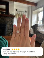 Rose gold radiant cut engagement ring with diamond band on hand, with 4-star customer review from Tiziana