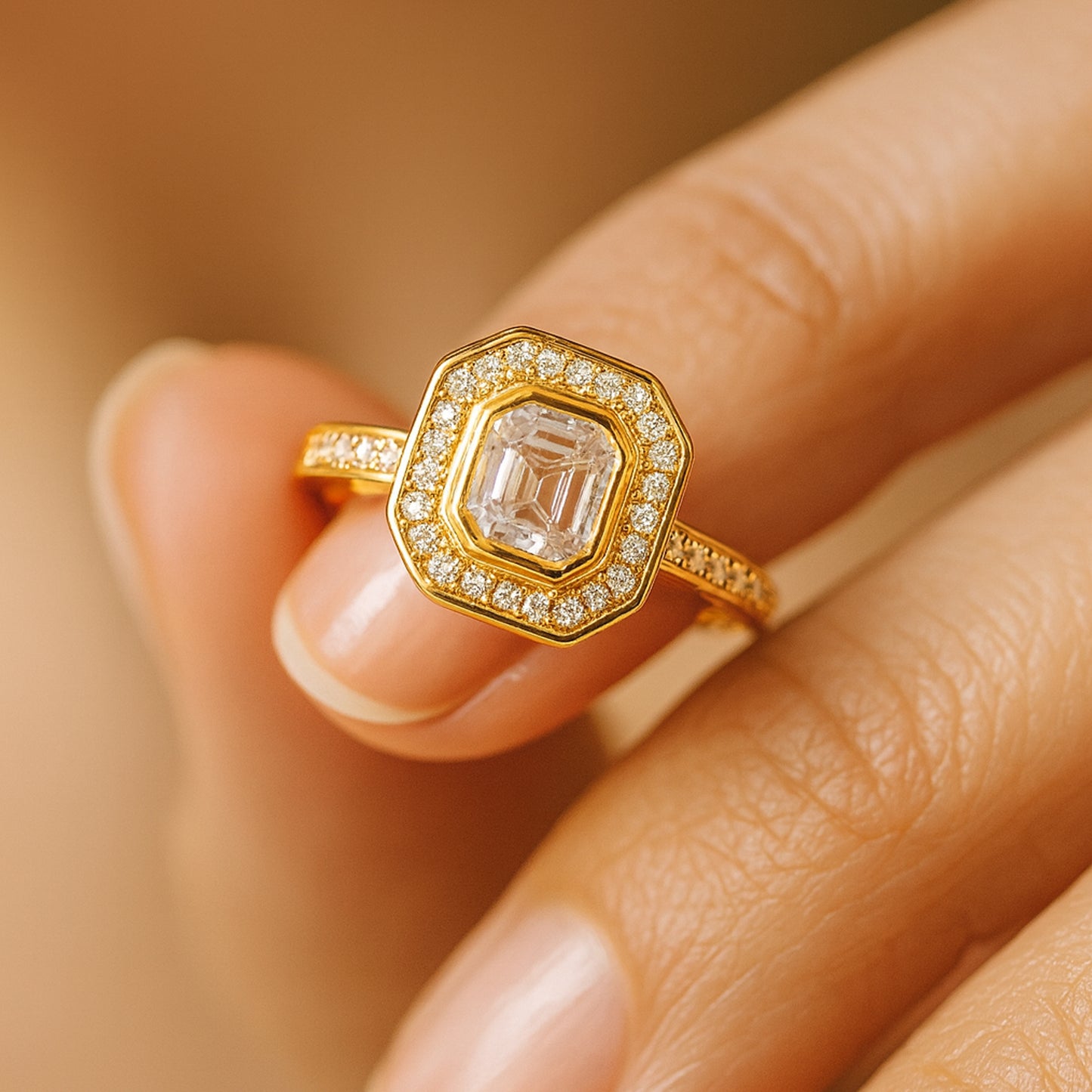 Bezel Halo Ring Asscher Cut Moissanite Promise Anniversary Engagement Bridal Jewelry Gift Wedding Proposal Love