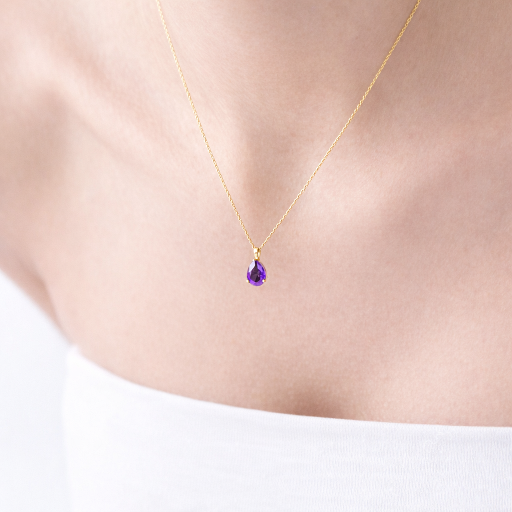 Gold Amethyst Pendant Three Round Prong Setting Teardrop Pendant
