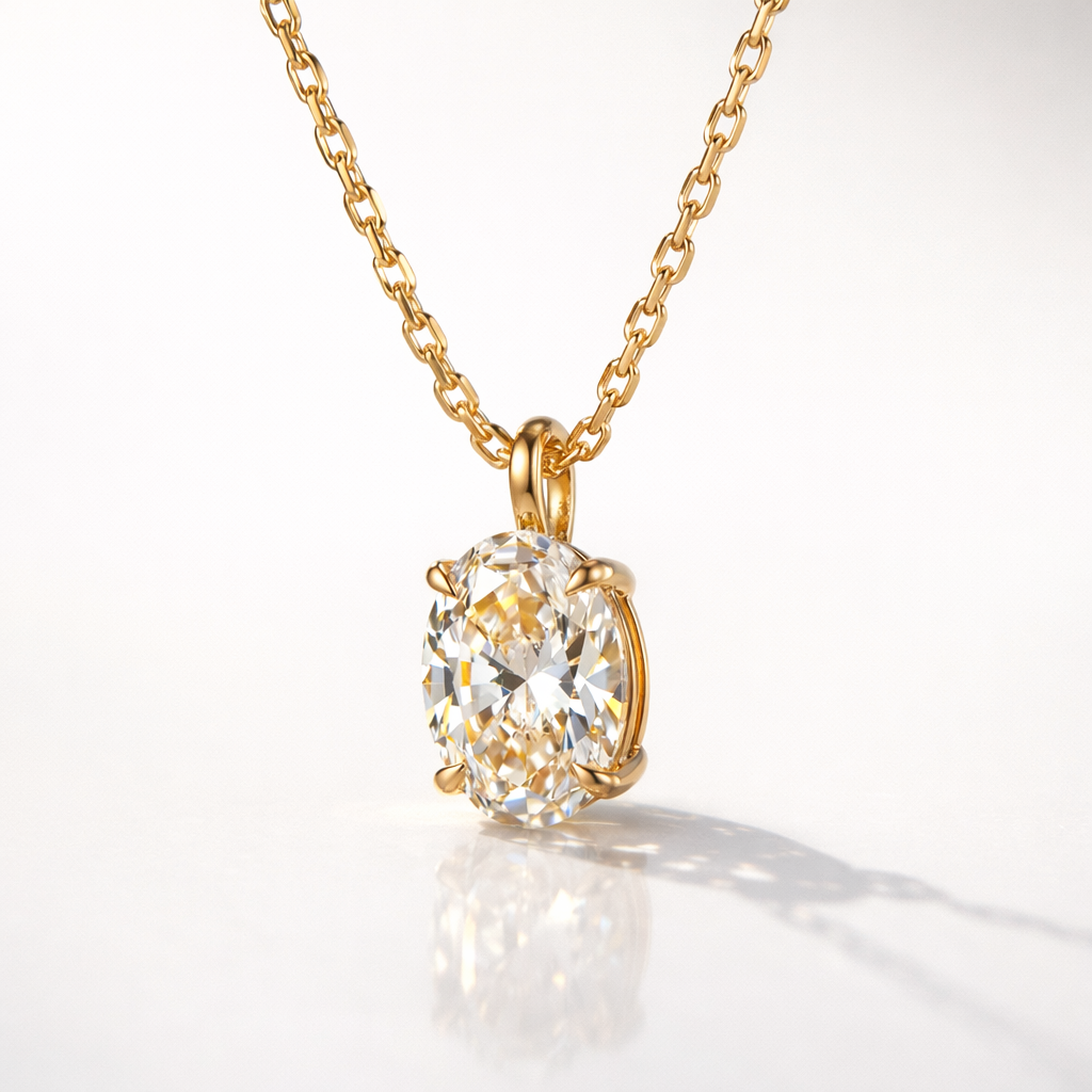 Classic Oval Diamond Pendant With 4-Claw Prong Setting In Gold.
