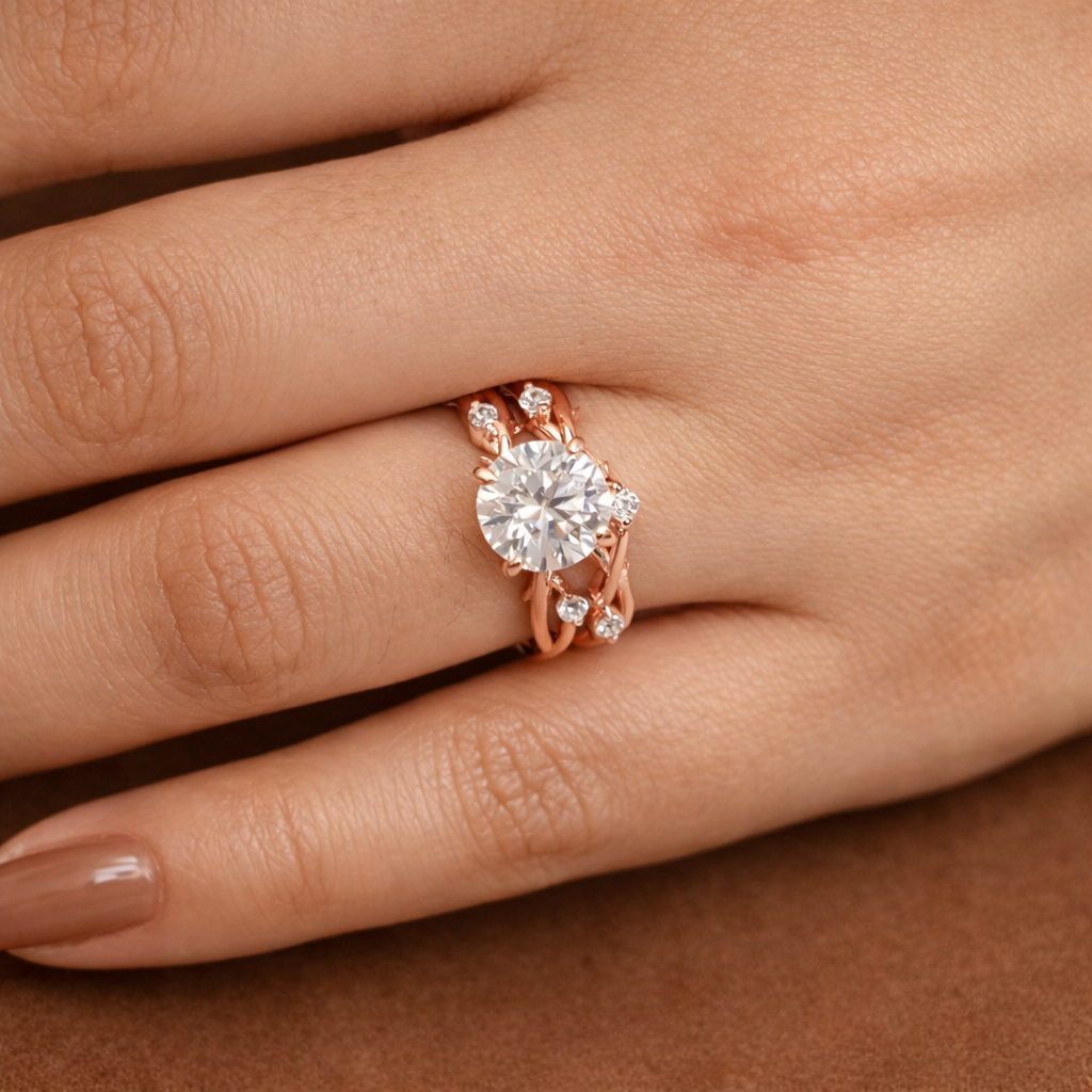 Vine Style Rose Gold Twist Wedding Band With Delicate Diamond Detail
