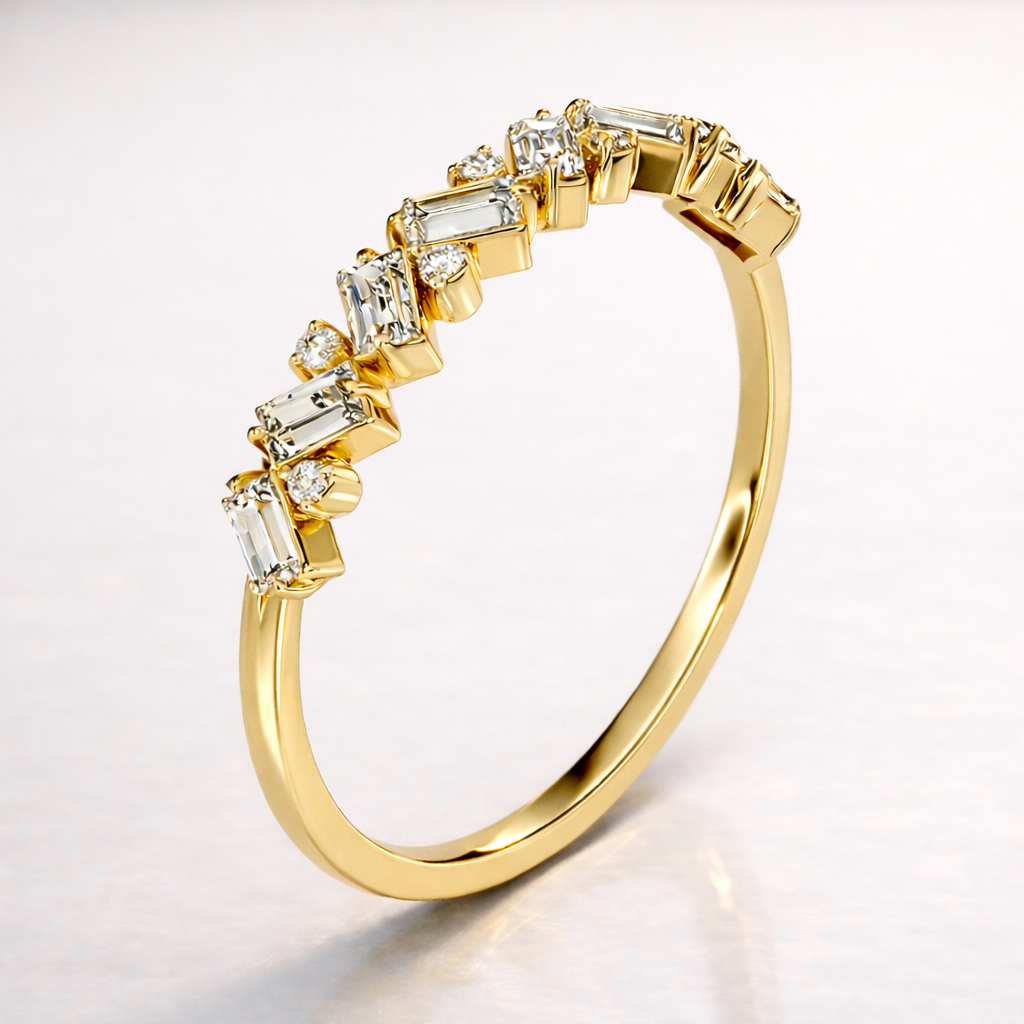 Dainty Baguette And Round Diamond Wedding Band With Modern Design Style
