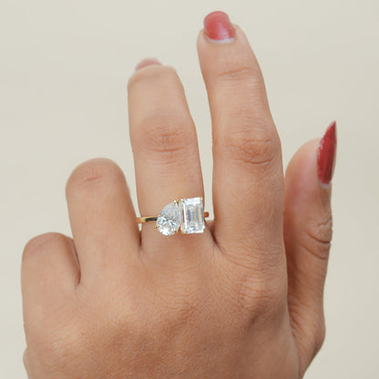 Toi Et Moi Yellow Gold Ring, Pear & Emerald Moissanite Engagement Fine Jewelry With Elegance 
