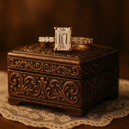 Timeless Emerald Cut Moissanite Engagement Ring With Accent Band, Ideal For Romantic Celebrations