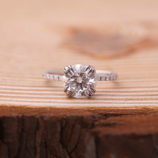 Moissanite Round Engagement Ring, Pavé Band Gold Fine Jewelry With Brilliance