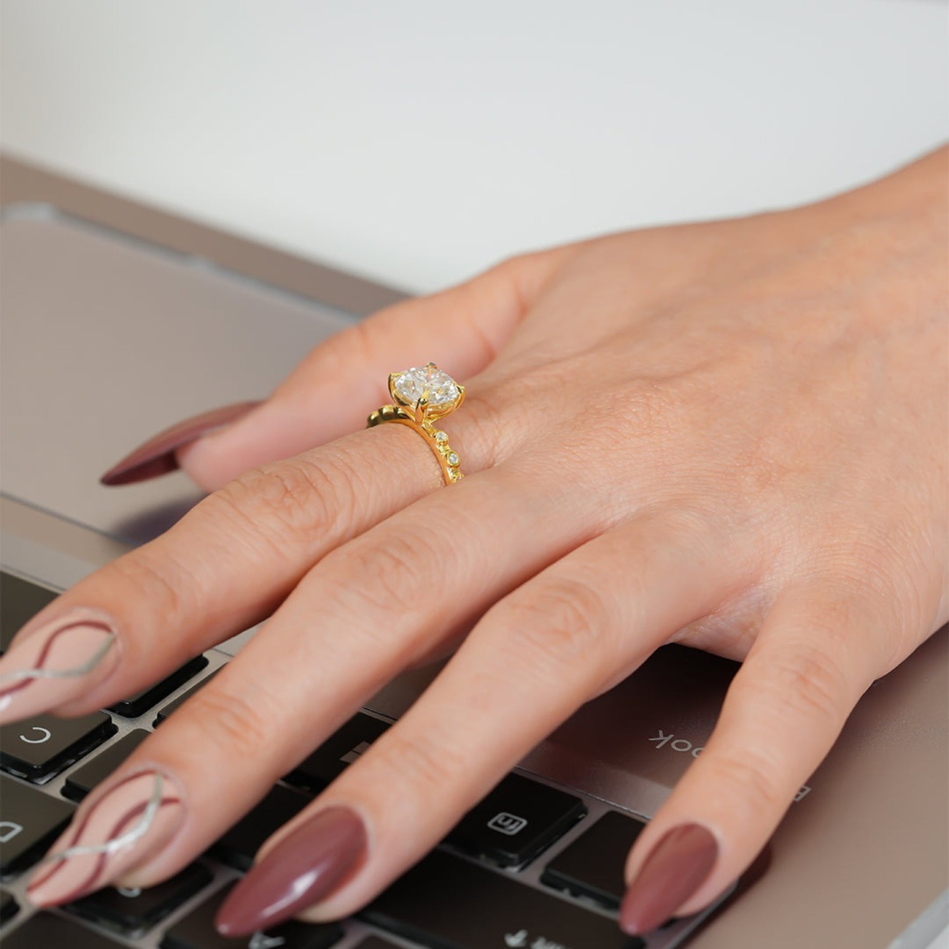 Engagement Round Cut Ring, Moissanite Cluster Yellow Gold Fine Jewelry With Romance
