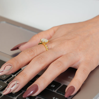 Engagement Round Cut Ring, Moissanite Cluster Yellow Gold Fine Jewelry With Romance
