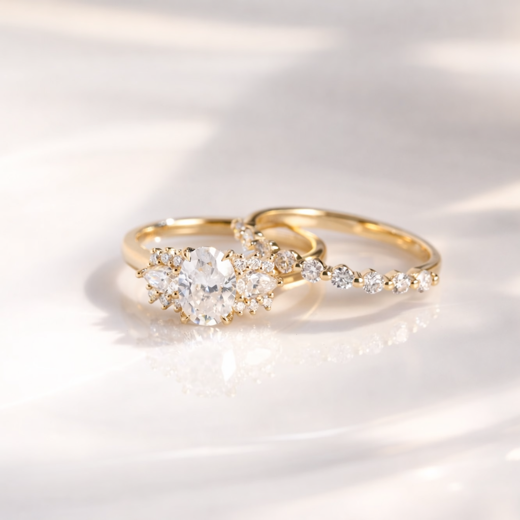 Oval Moissanite Engagement Ring With Wedding Band Yellow Gold
