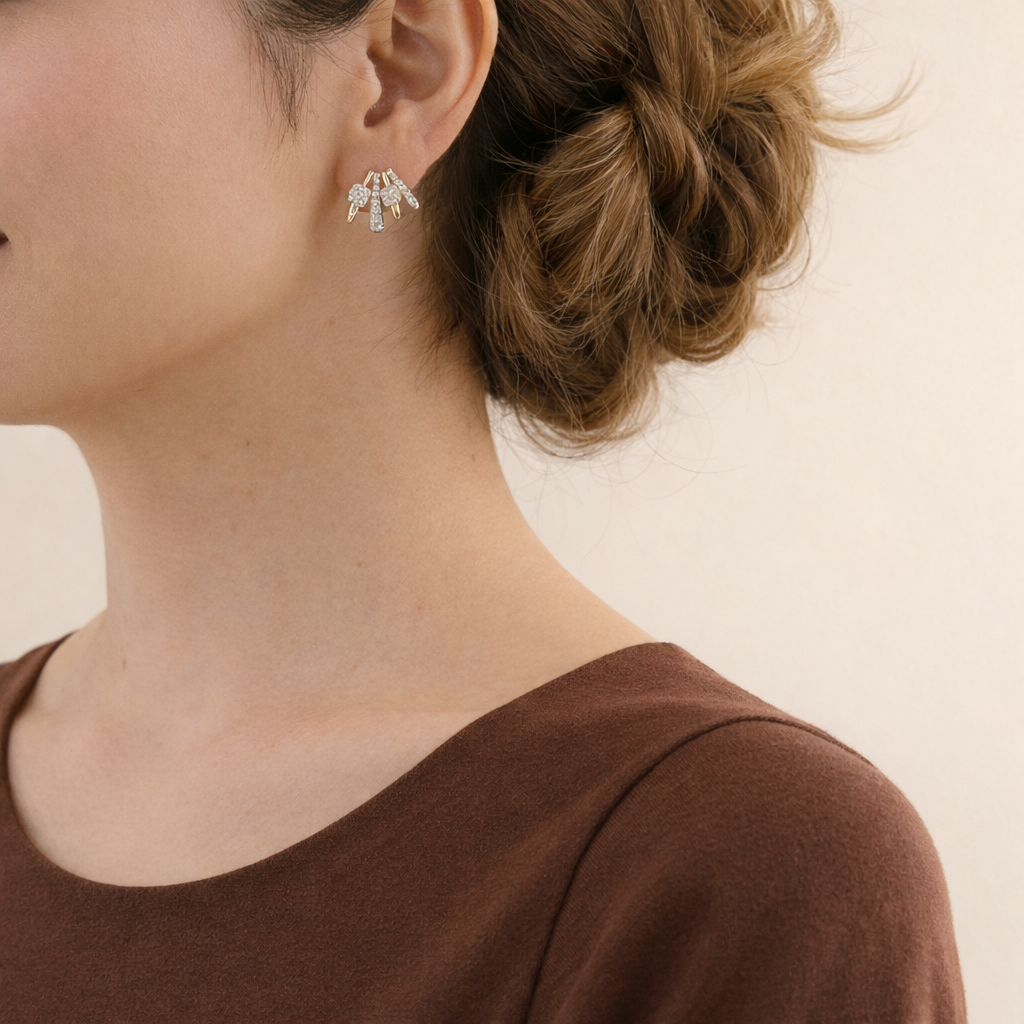 White Gold Diamond Cuff Earrings With Halo Setting
