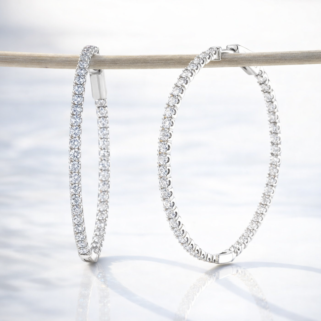 Diamond Hoop Earrings For Women In White Gold Round Cut Design
