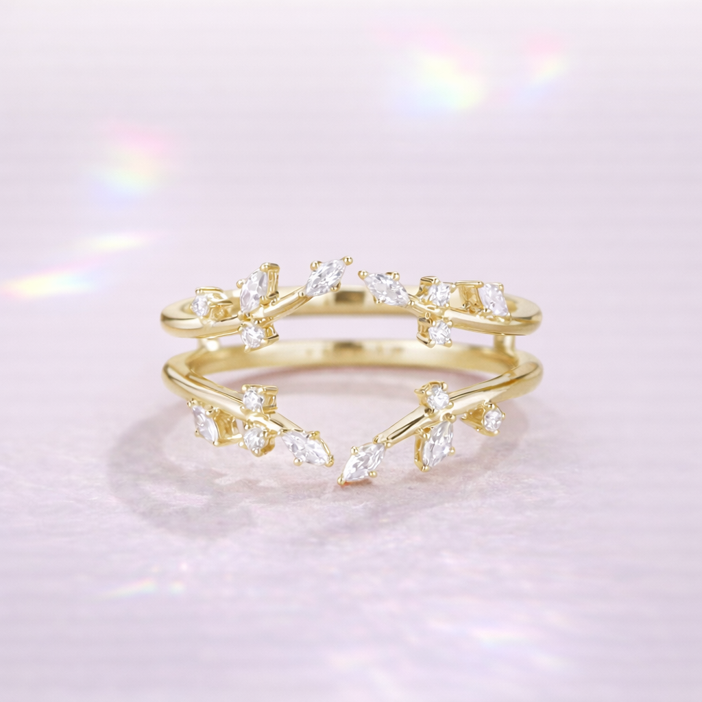 Diamond Enhancer Wedding Band With Leaf Design In Yellow Gold Featuring Marquise Cut Diamond Or Moissanite
