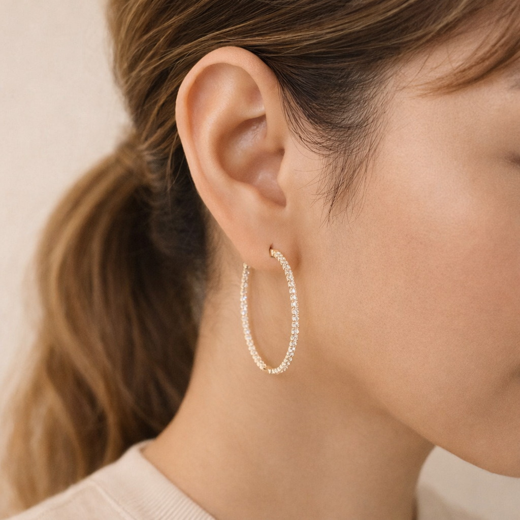 Gold And Diamond Hoop Earrings With Sparkling Round Cut Stones
