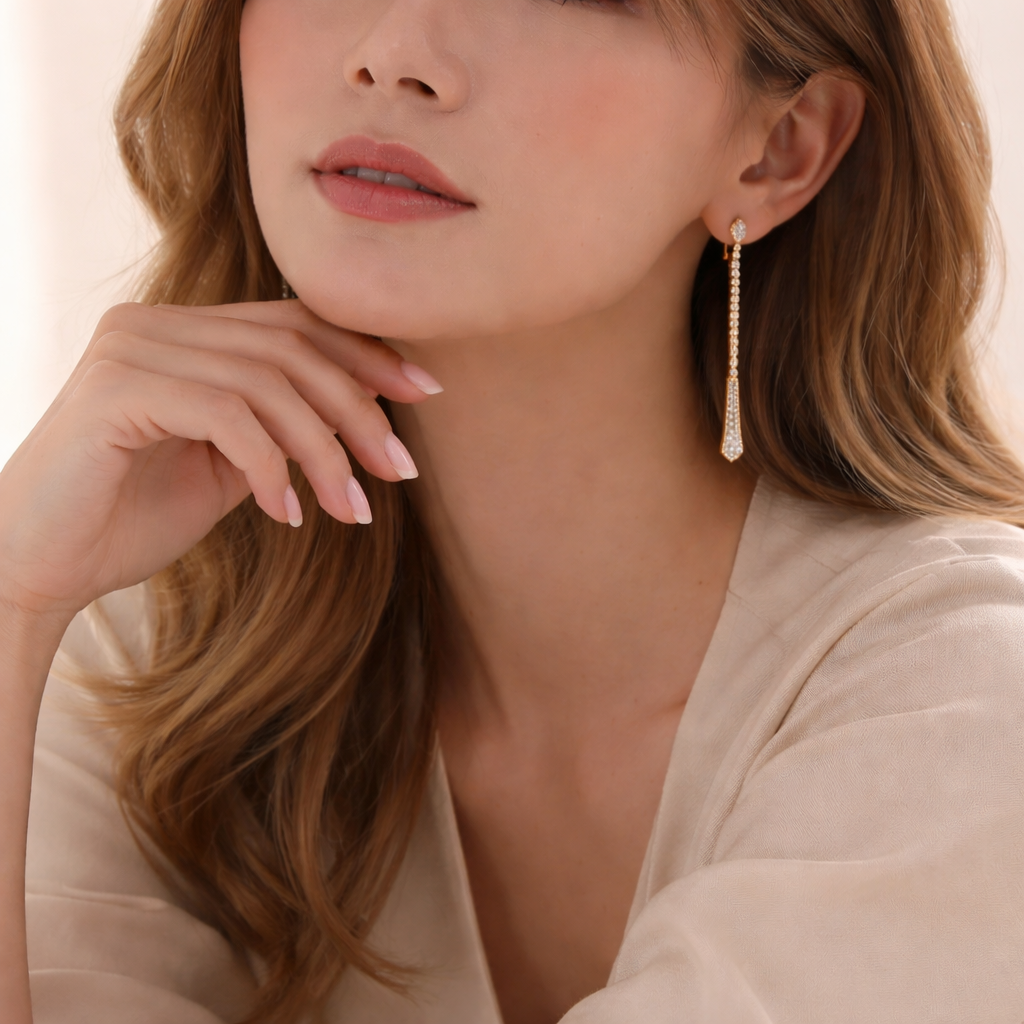 Gold Long Drop Earrings With Elegant Diamond Detailing
