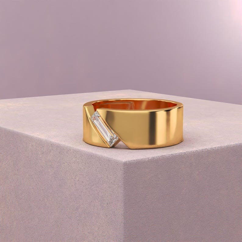 Moissanite Mens Band With Sleek Architectural Gold Finish
