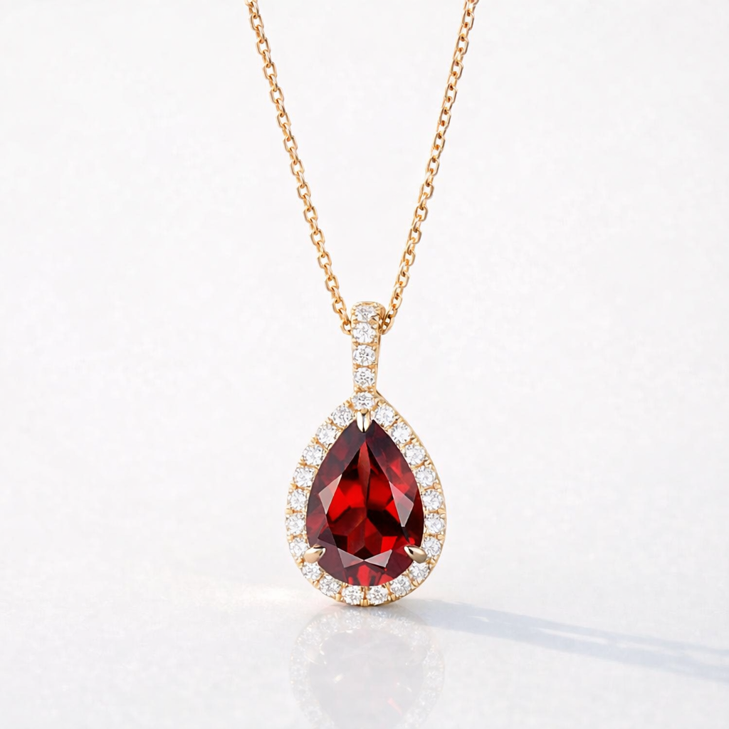 Diamond Pendant Halo Featuring Garnet Pendant With Round Cut Halo Teardrop Pendant In Rose Gold Halo Setting Custom Diiro Pendant
