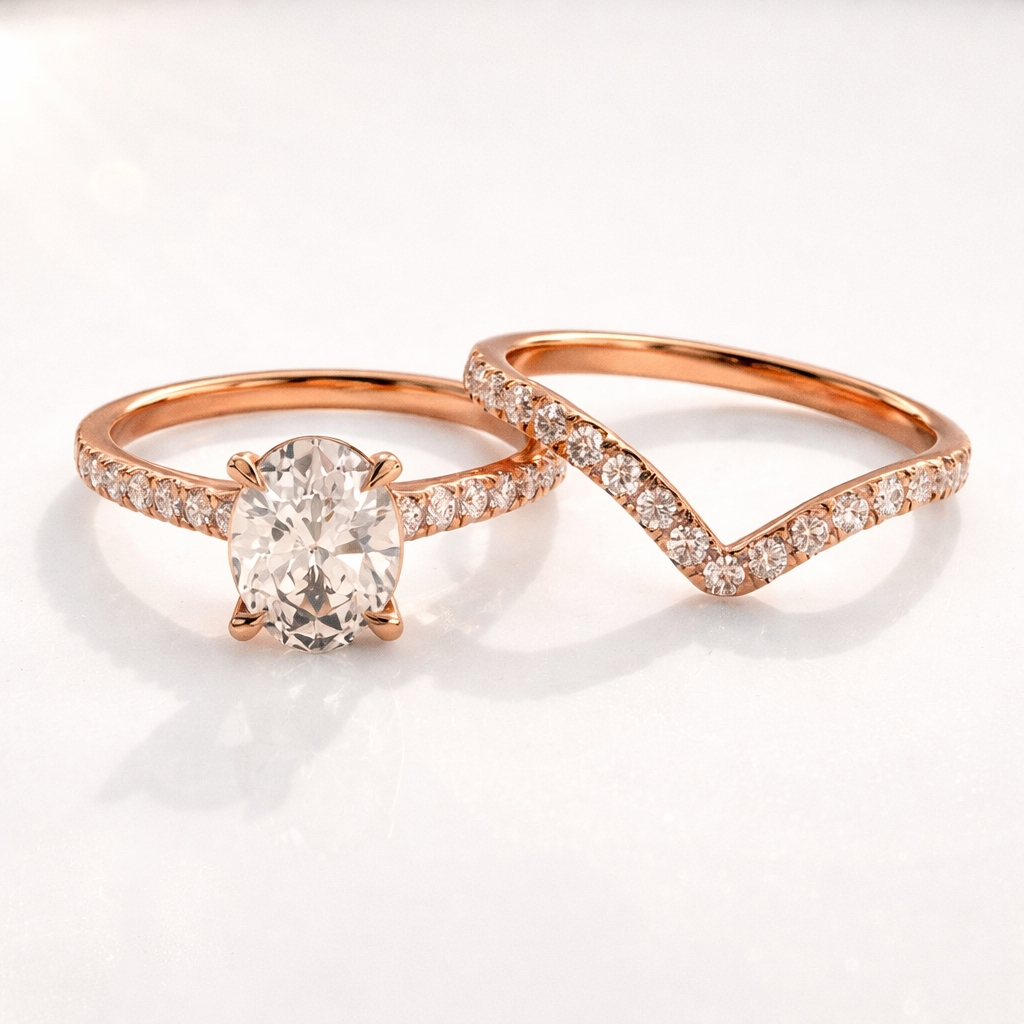 Oval cut diamond ring with pave curved band

