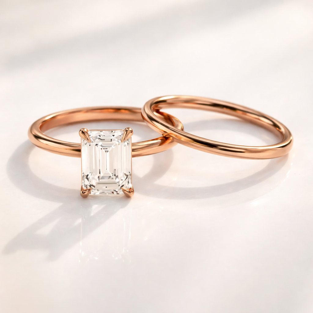 Emerald cut engagement ring with wedding band set
