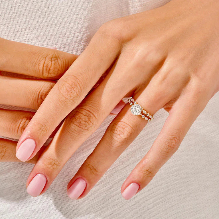 Round cut diamond ring with pave band bridal set
