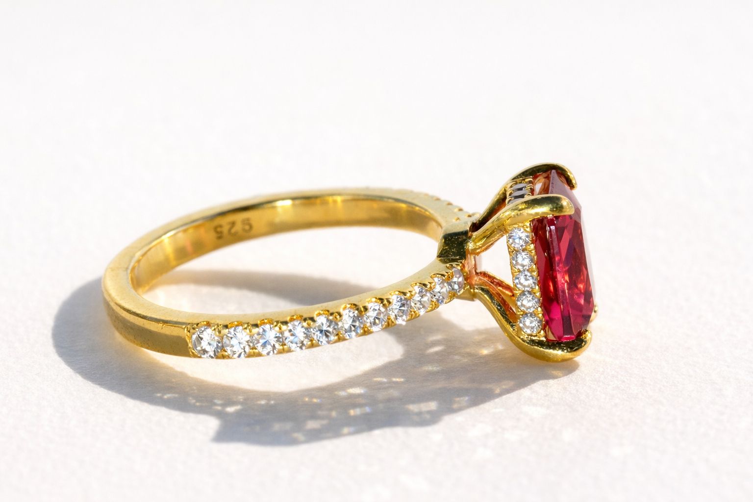 Diamond Ruby Ring Radiant Cut Engagement Ring Round Cut Pave Band.
