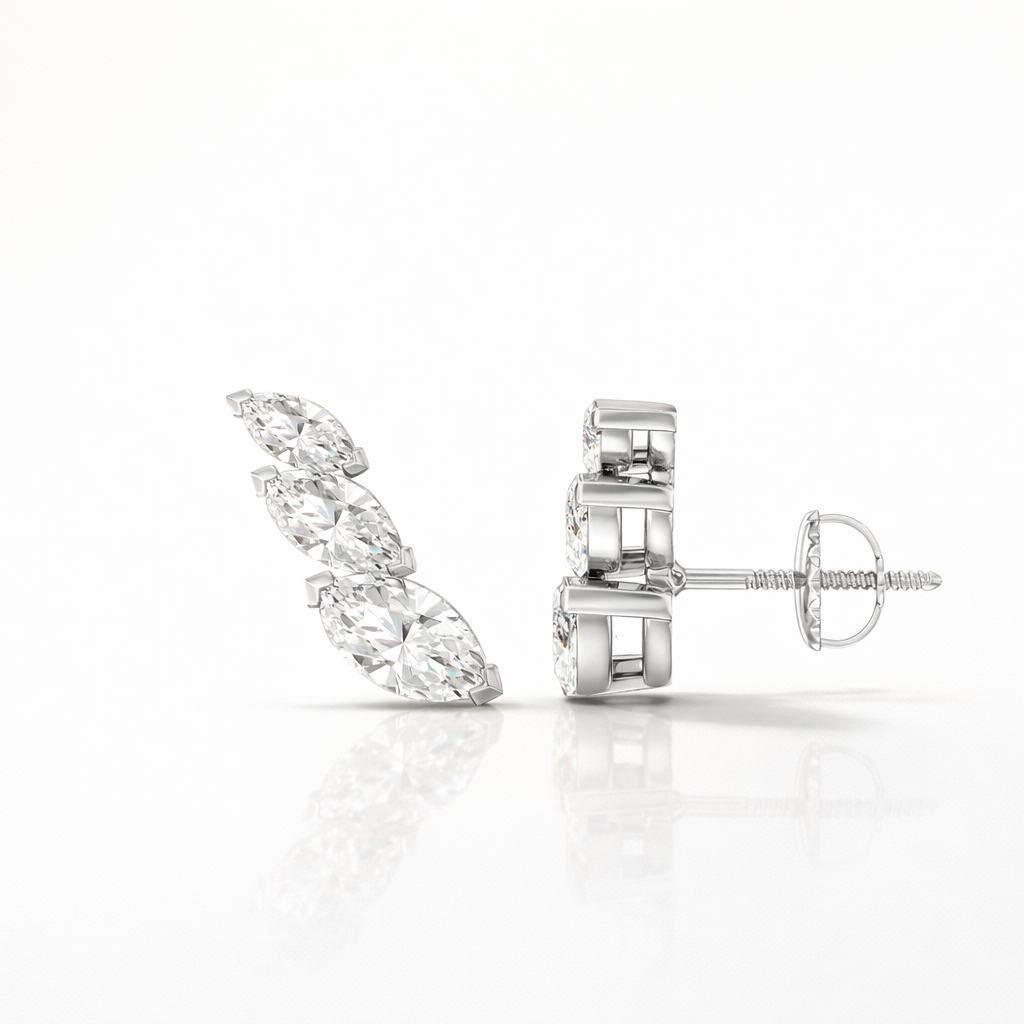 Stylish Marquise Stud Earrings Featuring Diamonds Or Moissanite With V-Prongs.
