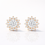 Round Cut Diamond Stud Earrings With A Halo Setting In Yellow Or White Gold
