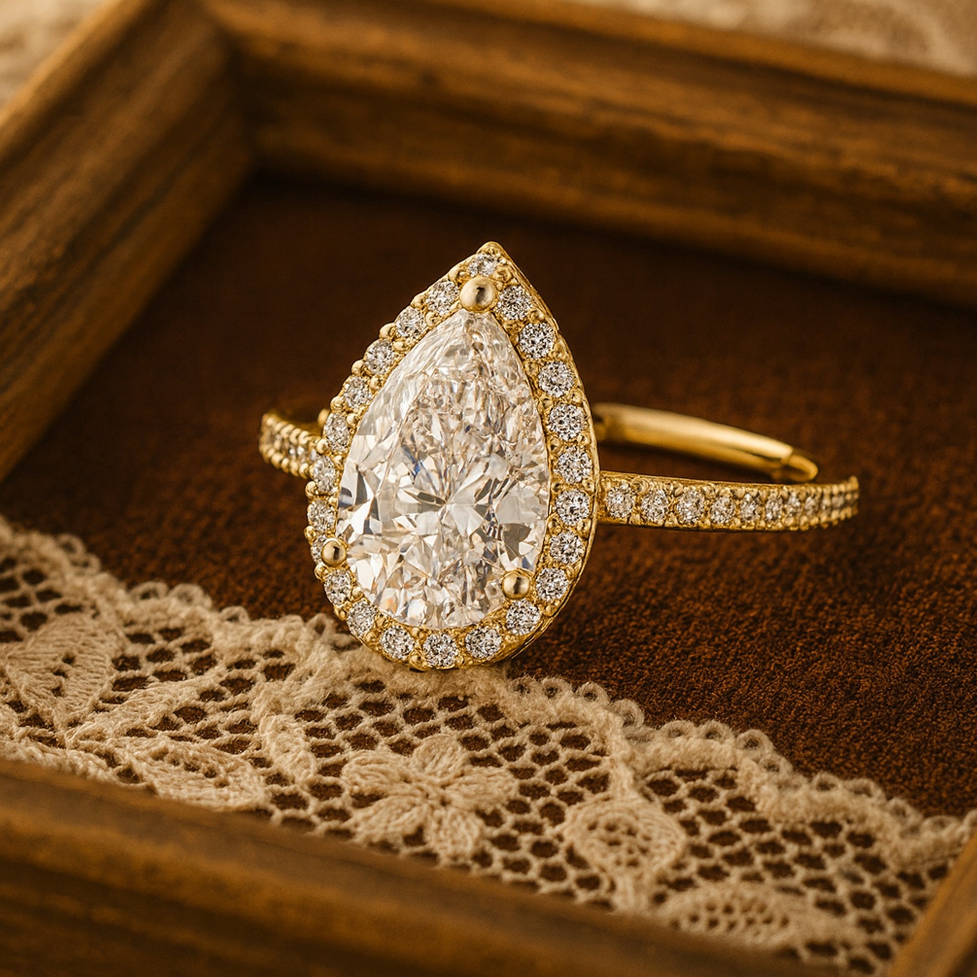 Pear Shaped Moissanite Engagement Ring In 18K Yellow Gold With Halo And Pave Design Radiating Diamond-Like Fire