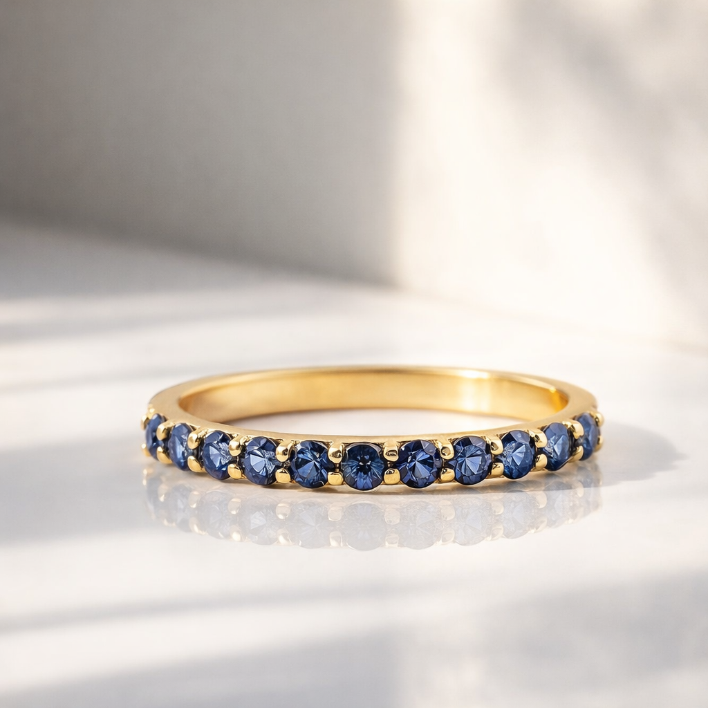 Diamond Half Eternity Band Sapphire Eternity Band Yellow Gold Wedding Band.
