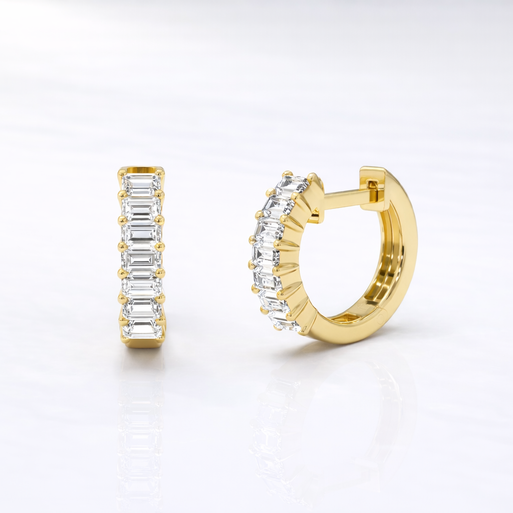 Gold Hoop Earrings Huggies Baguette Cut Earrings Diamond Huggie Earrings
