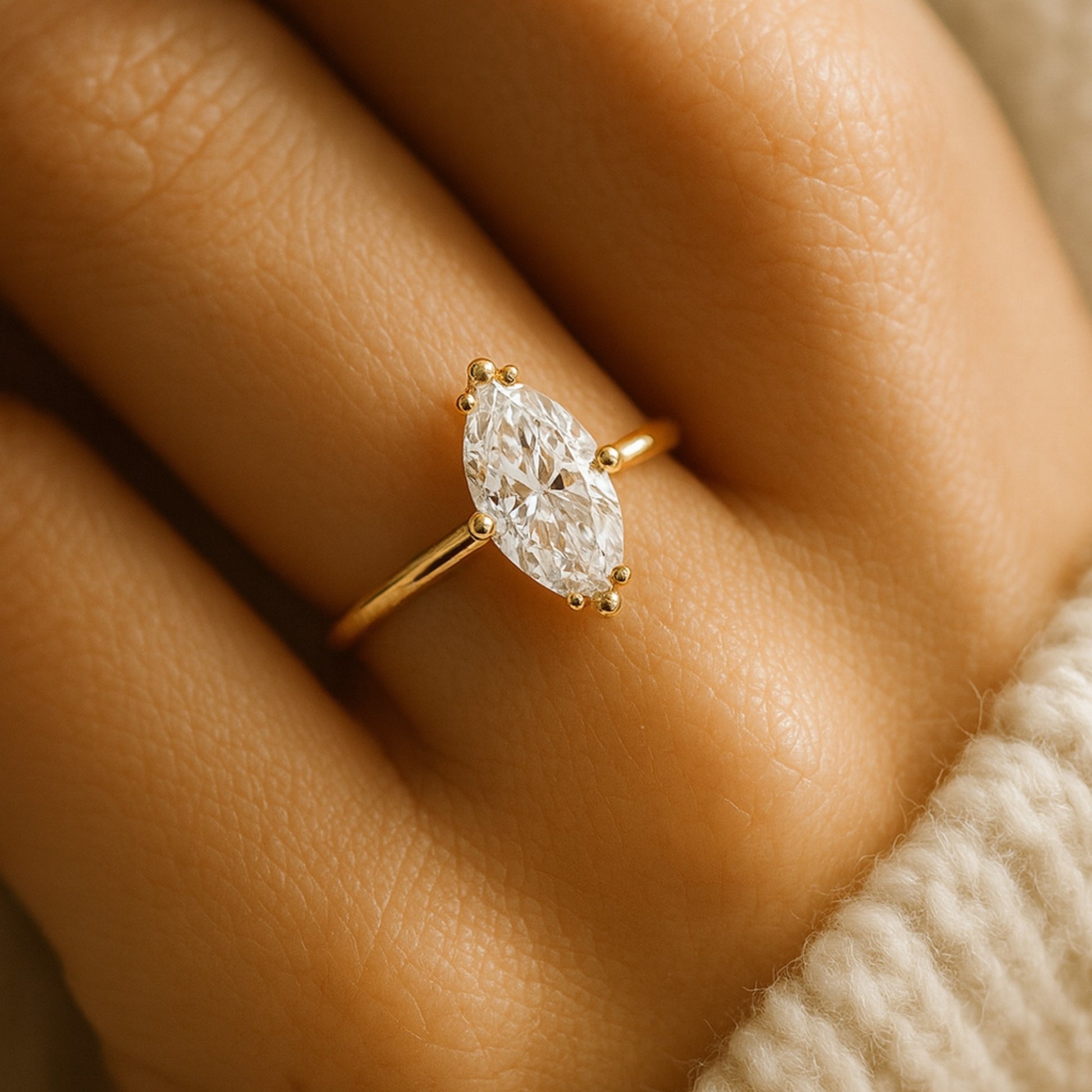 Marquise Cut Lab Diamond Solitaire Ring on Hand – Sophisticated Bridal Jewelry for Women