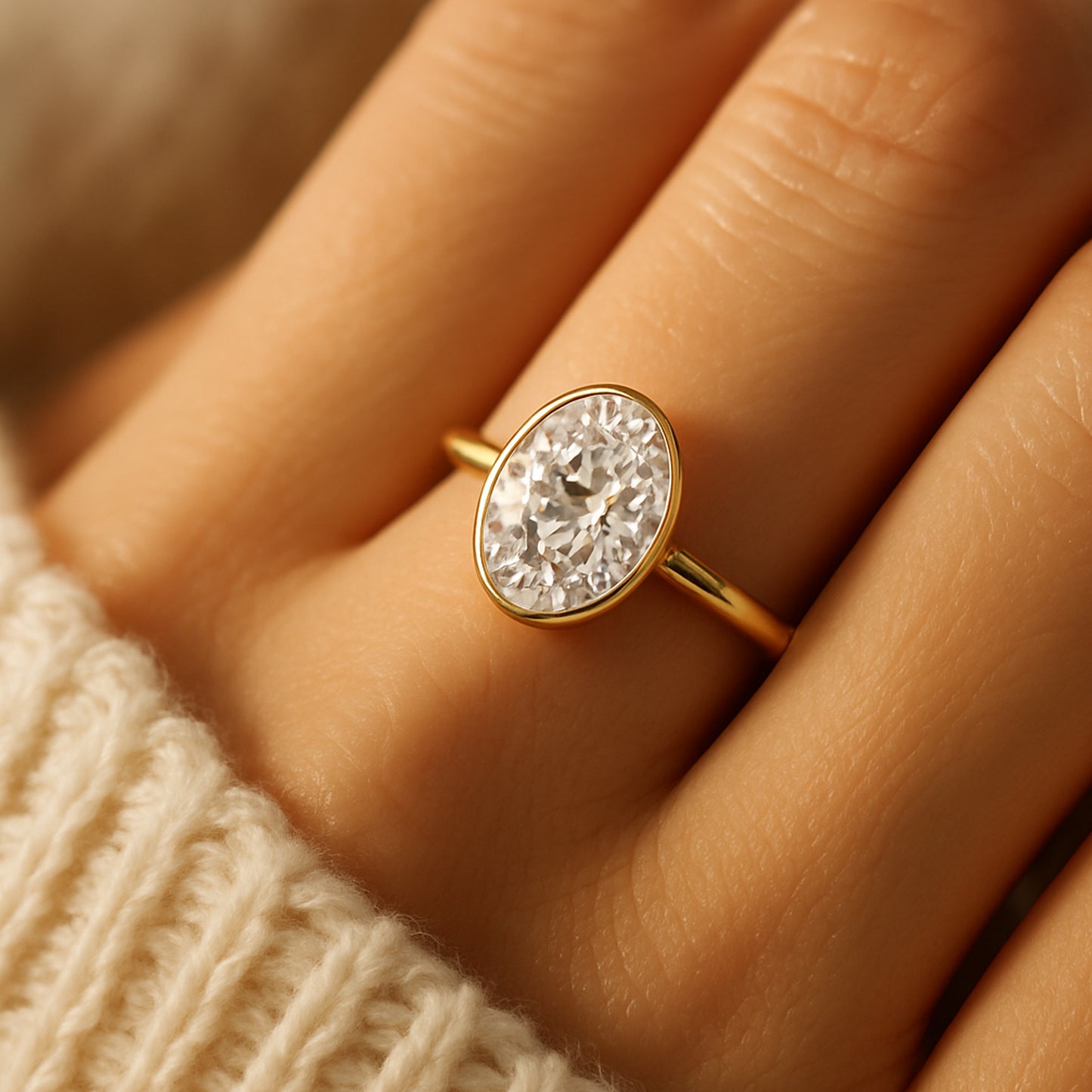 Lab-Grown Oval-Cut Diamond Ring In 18K Gold Bezel - Luxury Fine Jewelry Worldwide Shippin
