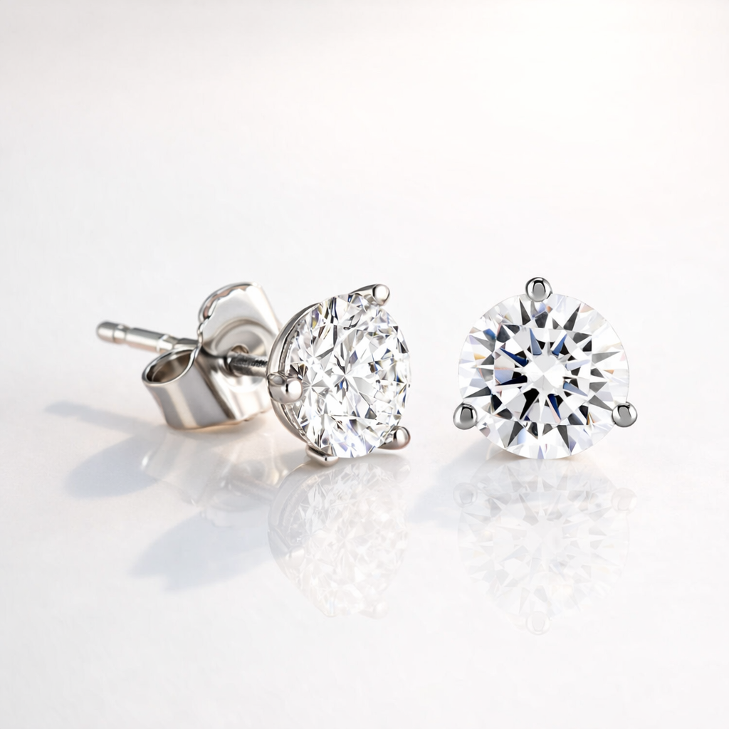 Diamond Stud Earrings For Women Featuring Round Cut Diamond Or Moissanite In 3 Prong White Gold Setting
