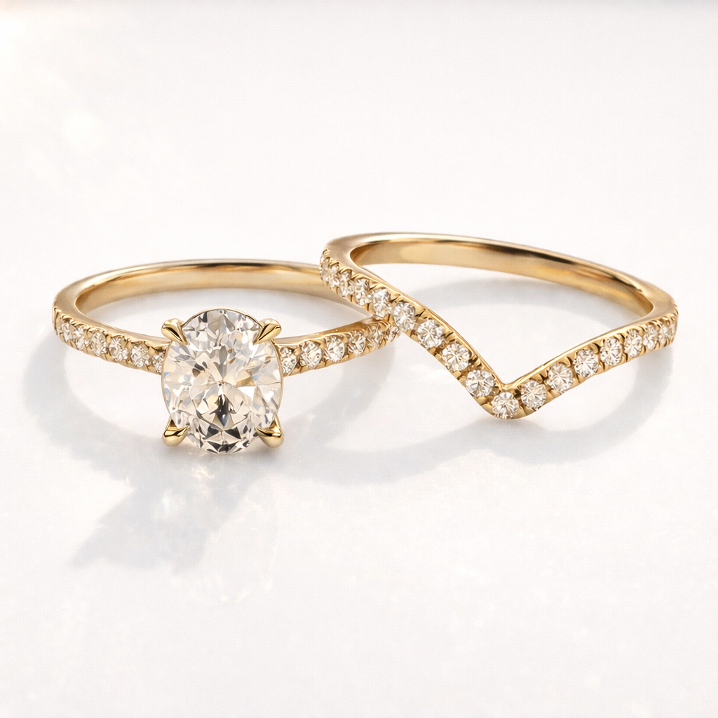Rose gold oval bridal ring set with curved band
