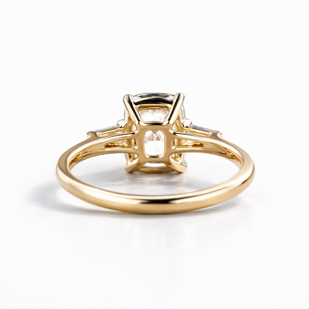 Custom Engagement Ring With Cushion Cut Diamond And Three Stone Ring Style
