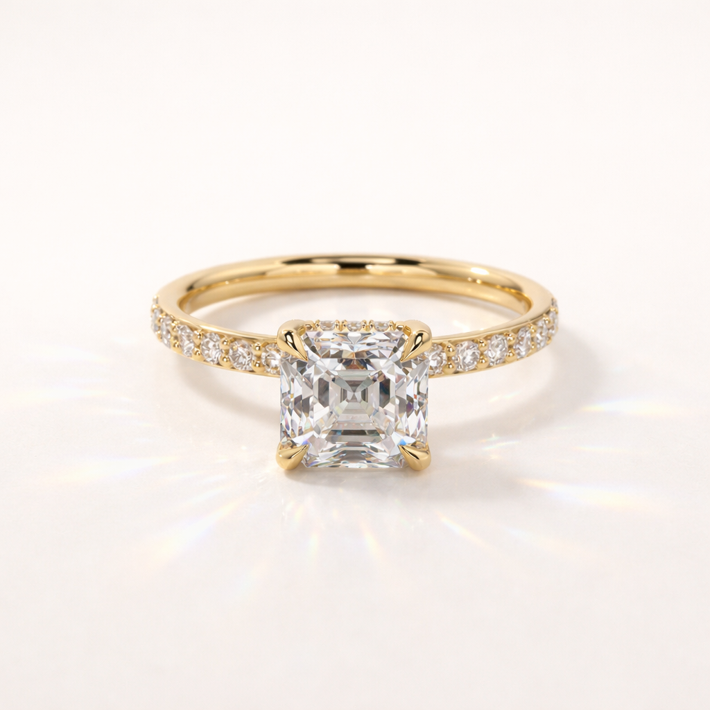 Cushion Cut Hidden Halo Engagement Ring In Yellow Gold

