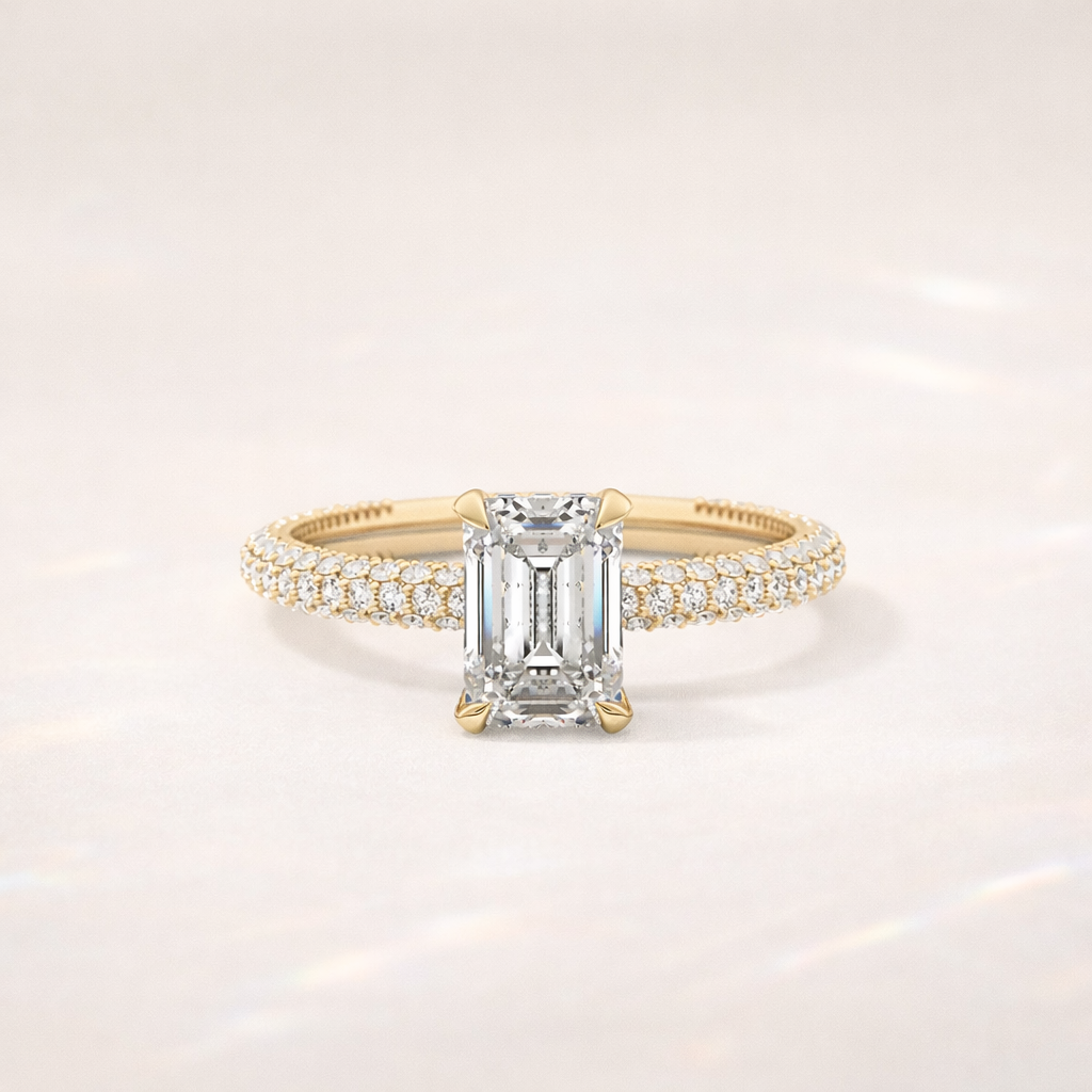 Hidden Halo Emerald Cut Engagement Ring With Multi Row Pave Band
